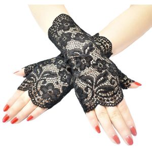 Vrouwen Bruiloft Sheer Mesh Vingerloze Handschoenen Jacquard Bloemen Lace Shiny Wanten