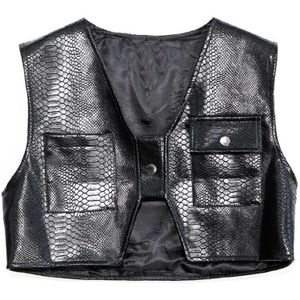 [Eam] Vrouwen Losse Fit Black Pu Leather Pocket Korte Vest V-Kraag Mouwloze Mode Tij Voorjaar herfst 1DC065