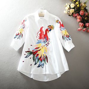 Superaen Dier Borduurwerk Chinese Stijl Losse Slanke Plus Size Medium En Lange Shirt Blouse Vrouwen