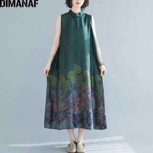 Dimanaf Plus Size Maxi Jurk Vrouwen Kleding Zomer Zonnejurk Mouwloos Print Bloemen Vintage Lady Vestidos Chinese Stijl