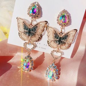 Mengjiqiao Koreaanse Lace Vlinder Waterdrop Crystal Oorbellen Voor Vrouwen Meisjes Elegante Luxe Party Pendientes Sieraden