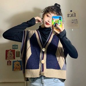 Gebreide Trui Vest Vrouwen Argyle Vintage Koreaanse Panelled Losse Casual Alle-Wedstrijd Open Stitch Eenvoudige Straat-dragen Ulzzang