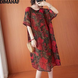 Dimanaf Plus Size Jurk Vrouwen Kleding Chiffon Vintage Print Vrouwelijke Vestidos Zomer Zonnejurk Dunne Losse Elegante Dame Jurk