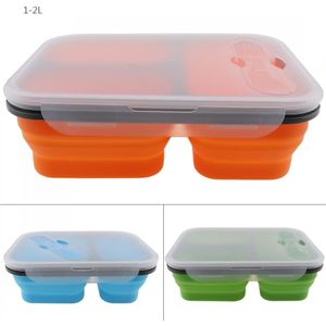 1350 Ml Drie Rooster Rechthoek Siliconen Schaalbare Vouwen Lunchbox Met Lepel Vork Dual Purpose Servies Voor-40 ~ 230 celsius