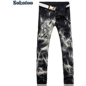 Sokotoo Mannen Wolf Print Stretch Denim Jeans Slanke Zwarte Geschilderd Rechte Broek Lange Broek