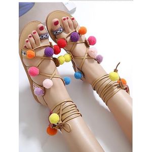 Aneikeh Zomer Kleurrijke Pompones Gladiator Sandalen Vrouwen Lace Up Knie Hoge Platte Sandalen Vrouwen Schoenen Bruin Maat 35-40