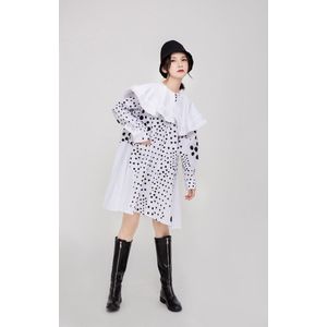 [Eam] Vrouwen Geplooide Dot Gedrukt Big Size Shirt Jurk Revers Lange Mouwen Losse Fit Tij Voorjaar herfst 1H714