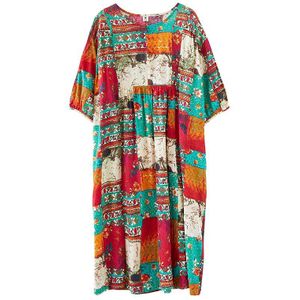 Dimanaf Zomer Plus Size Vrouwen Jurk Vintage Print Zonnejurk Katoen Vrouwelijke Dame Vestido Losse Ongedwongen Strand Jurk Big Size 5XL 6XL