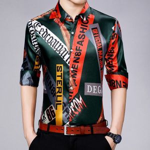 Man Patchwork Kleuren Zijden Kleding Mannelijke Herfst Afdrukken Zijde Shirts Lange Mouw Satijn Zijden Jurk