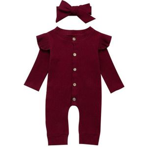 Baby Lente Herfst Kleding Pasgeboren Baby Meisje Gebreide Katoenen Romper Effen Kleur Ruche Jumpsuit + Hoofdband 2 Stuks Outfits 0-24M