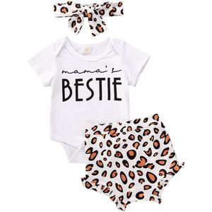 0-18M Pasgeboren Baby Meisjes Jongens Kleding Sets 3Pcs Brief Print Wit Korte Mouw Romper Tops + gestreepte/Luipaard Shorts + Hoofdband