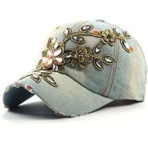 Denim Strass Vrouwen Baseball Cap Vintage Luxe Bloem Patroon Gorras Vrouwelijke Glas Diamant Hoed