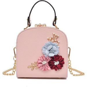 Handmade Flowers Bucket Bags Women Mini Shoulder Bags With Chain Drawstring Small Cross Body Bags Pearl Bags Leaves Decals