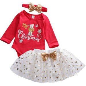 Baby Meisje Kleding 3Pcs Jaar Dag Brief Mijn 1st Kerst Kant T-shirt Romper + Tule Jurk Outfits Set kleding Roupa Infantil