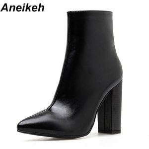 Aneikeh Mode Enkellaarsjes Chunky Hoge Hakken PU Vrouwen Herfst Sexy Chelsea Booties Wees Teen party Vrouwen Pumps Maat 41 42