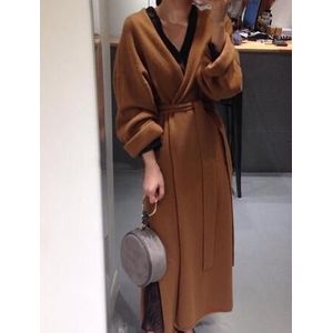 Vrouwen Losse Lange Gebreide Vest Trui Winter Effen Kleur Kimono Split Overjas Warme Zachte Trui Met Riem Uitloper