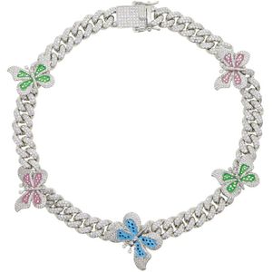 Multicolor Enamel Cz Vlinder Ketting 12Mm Iced Out Bling Cz Miami Cubaanse Link Chain Vlinder Choker Hip Hop vrouwen Sieraden