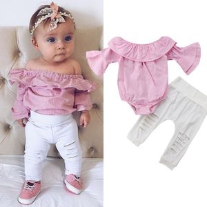 0-18 Maanden Pasgeboren Baby Baby Meisjes Kleding Set Roze Off Shoulder Romper + White Ripped Jeans Broek Set baby Meisjes Outfits