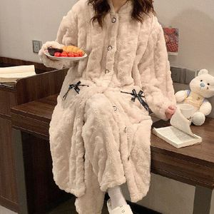 Zwarte Strik Pyjama Sets Vrouwen Herfst Winter Verdikte Flanellen Uitgebreide Nachtjapon Knop Hooded Eenvoudige Zoete Leuke Dikke Pak