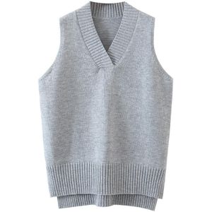 Vrouwen Trui Vest Met V-hals Mouwloos Casual Losse Basic Grijs Gebreide Top