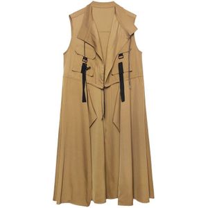 [Eam] Vrouwen Loose Fit Legergroen Trekkoord Big Size Lange Vest Stand Kraag Mouwloze Mode Tij Voorjaar herfst 1Y942