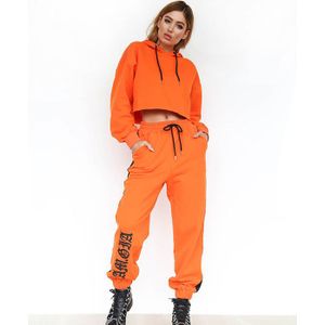 Oranje Vrouwen Tweedelige Set Lange Mouwen Hooded Crop Tops Losse Lange Harembroek Herfst Casual Streetwear Trainingspak 2 Stuks outfits