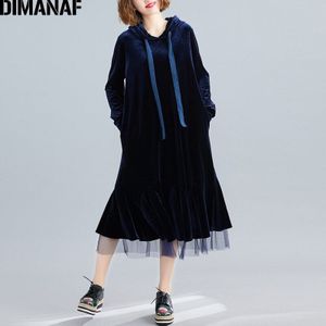 Dimanaf Plus Size Vrouwen Jurk Herfst Winter Fluwelen Hooded Lady Vestidos Spliced Mesh Vrouwelijke Kleding Casual Losse Jurk