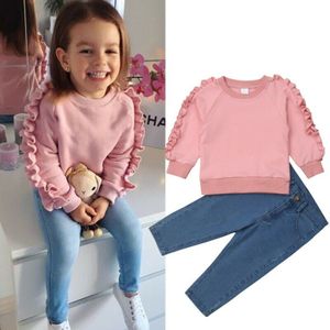 Kids Baby Meisje Kleding Roze Ruche Tops Shirt Denim Broek Herfst Winter Warm Outfit 2 Stuks Set