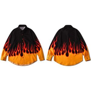 Gonthwid Hawaiian Strand Shirts Fire Flame Print Lange Mouwen Button Blouse Shirt Streetwear Hip Hop Mode Harajuku Casual Tops