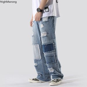 Vrouw Mannen Plus Size Losse Oversized Baggy Gescheurde Gat Contrast Patchwork Streetwear Losse Straight Hiphop Jeans Denim Punk Pant