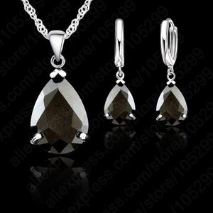 9 Kleuren Bruiloft Bruids Sieraden Sets Vrouwen 925 Sterling Zilver Water Crystal Hanger Kettingen Oorbellen Sets