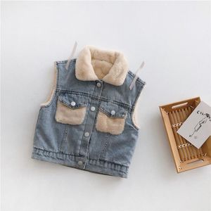 Winter Koreaanse Stijl Denim Bijpassende Wollen Vest Mode Alle-Wedstrijd Jas Voor Cool Leuke Baby Meisjes En jongens
