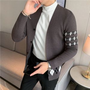 Top Herfst Winter V-hals Vest Mannen Kleding Lange Mouw Mode Argyle Trui Slim Fit Casual Pull Homme 3XL-M