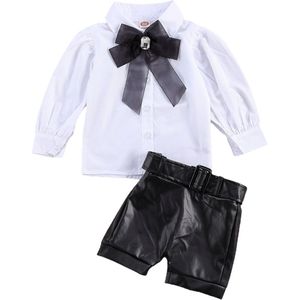 Focusnorm 1-6Y Baby Baby Meisjes Kleding Sets Strik Kraag Lange Mouwen Single Breasted Shirts Pu Lederen Shorts