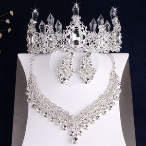 Barokke Luxe Fonkelende Kristallen Kostuum Sieraden Sets Strass Choker Ketting Oorbellen Tiara Kroon Bruiloft Dubai Sieraden Set