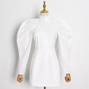 Vgh Elegante Witte Jurk Voor Vrouwen Stand Kraag Lange Mouwen Hoge Taille Mini Vintage Jurken Vrouwelijke Mode Kleding fall