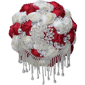 JaneVini Luxe Rood Ivoor Bruidsboeketten Kralen Kwastje Kristal Kunstmatige Satijn Rozen Bridal Holding Bloemen Boeket De Mariee