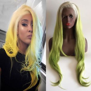 Bombshell Wit Ombre Groene Natuurlijke Wave Synthetische Haarkant Lijmloze Hittebestendige Vezel Haar Zijscheiding Voor Vrouwen