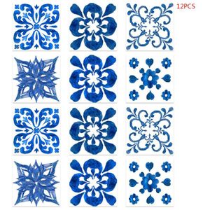 12 stuks Blauw en Wit Porselein Zelfklevende PVC Keramische Tegel Sticker Waterdicht