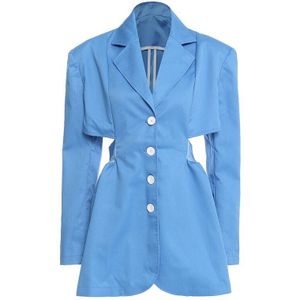 [Eam] Vrouwen Blue Hollow Out Lange Big Size Blazer Revers Lange Mouwen Loose Fit Jas Mode Tij lente Herfst 1Y567