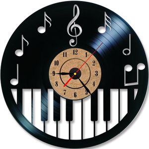 Holle Piano Keybord Vinyl Record Klok Creatieve en Antieke Stijl Zwarte Ronde LED Wandklok Muziek Piano Decor Art Klok