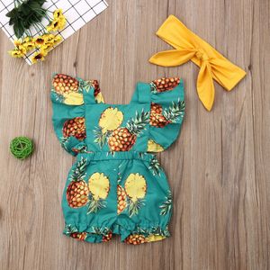 0-3Y Baby Baby Meisje Jongens Zomer Mooie Romper Hoofdband 2 Stuks Ruches Korte Mouwen Gele Bloemen Print Jumpsuits