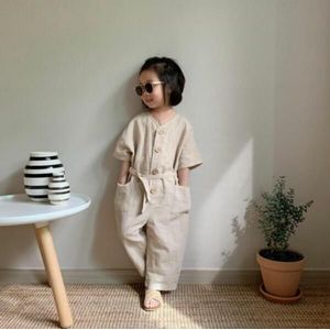 Japan Stijl Baby Meisje Linnen Overalls Korte Mouw Knoppen Losse Kids Jarretel Zomer Peuter Broek Bib Broek Outfit