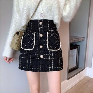 Koreaanse Zakken Office Lady Mini Rokken Hoge Taille Herfst Tweed Rok Vrouwen Parels Plaid Wol Potlood Rokken Vintage X512