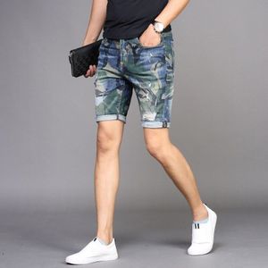 Mannen Ripped Denim Shorts Camouflage Jeans Zomer Dunne Stretch Straight Korte Jean Streetwear Knie Lengte Broek