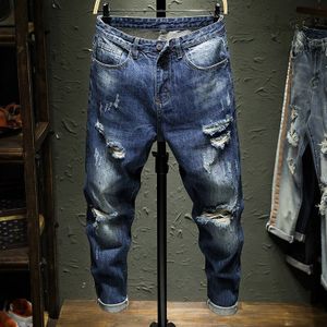Heren Blauw Gat Biker Jeans Stretch Denim Vernietigd Ripped Enkel Broek Rits Skinny Jeans Voor Mannen maat 36