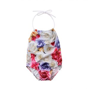 Zomer leuke Peuter Kids Baby Meisje Een Stuk Rose bloemen gedrukt Badmode halter bandage Bikini Badpak Beachwear