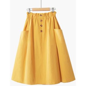 Knop Midi Rok Vrouwen Lente Zomer Casual Elegante Hoge Taille Pocket Rok Vrouwelijke Koreaanse Gewassen Katoen A-lijn Rok