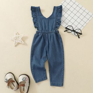 Kids Zomer Siamese Broek Denim Effen Kleur Ruches V-hals Mouwloos Backless Jumpsuit Voor Meisjes Overalls