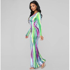 Lente Zomer Vrouwen Lange Jurk V-hals Volledige Mouw Tie Dye Maxi Jurk Sexy Night Club Party Schede Jurken GL583A